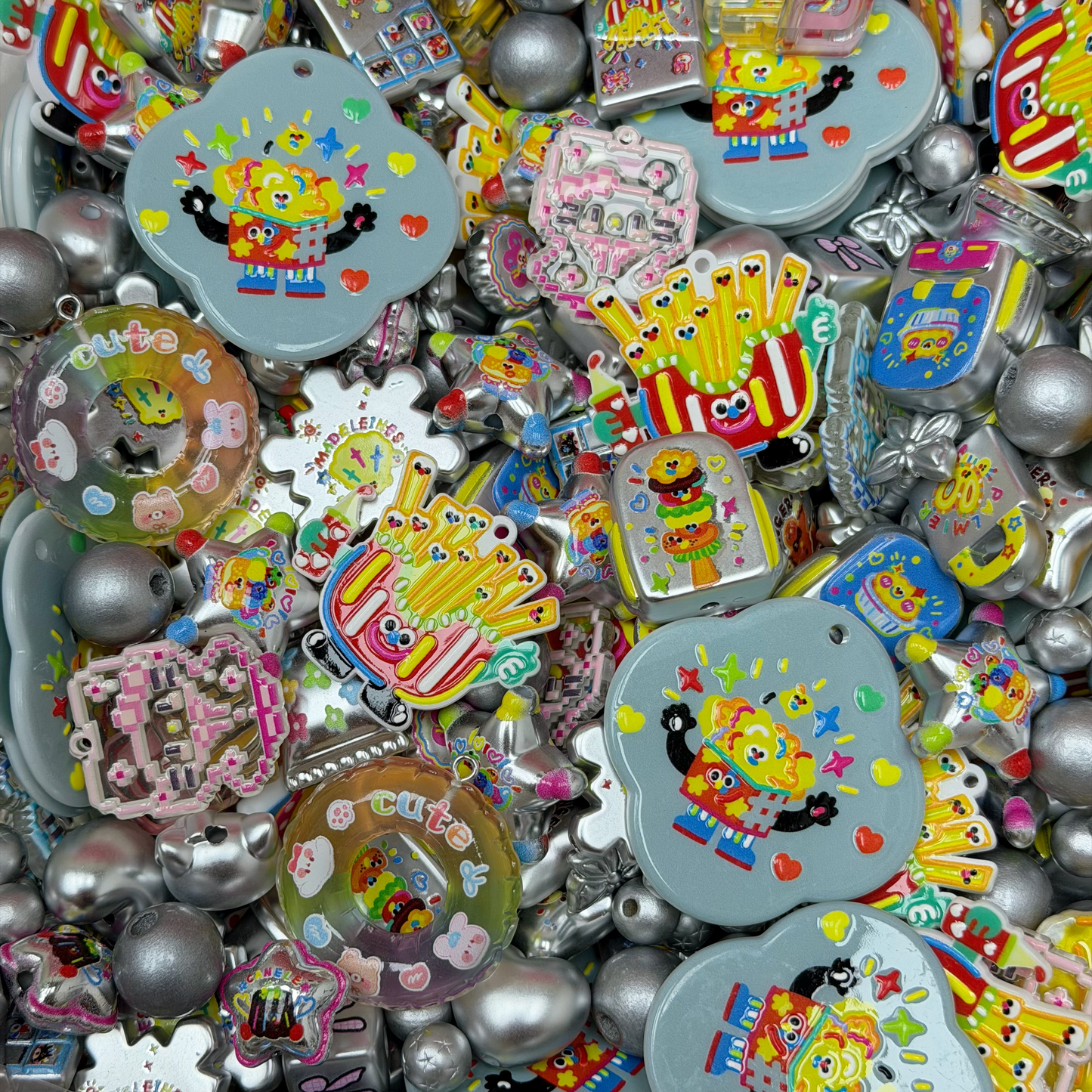 Acrylic beads-Silver Crazy Fries(for phone chains, beadable pens, keychains)