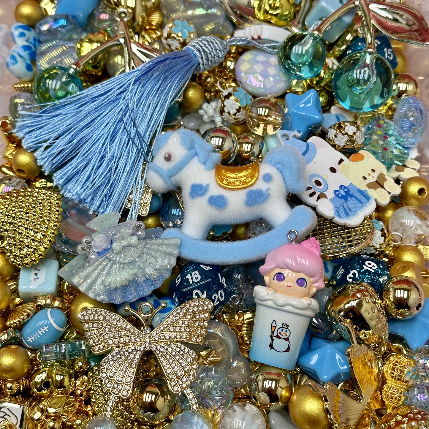 Acrylic beads – Blue & Gold Fairy Carousel for beadable pens, keychains, phone chains