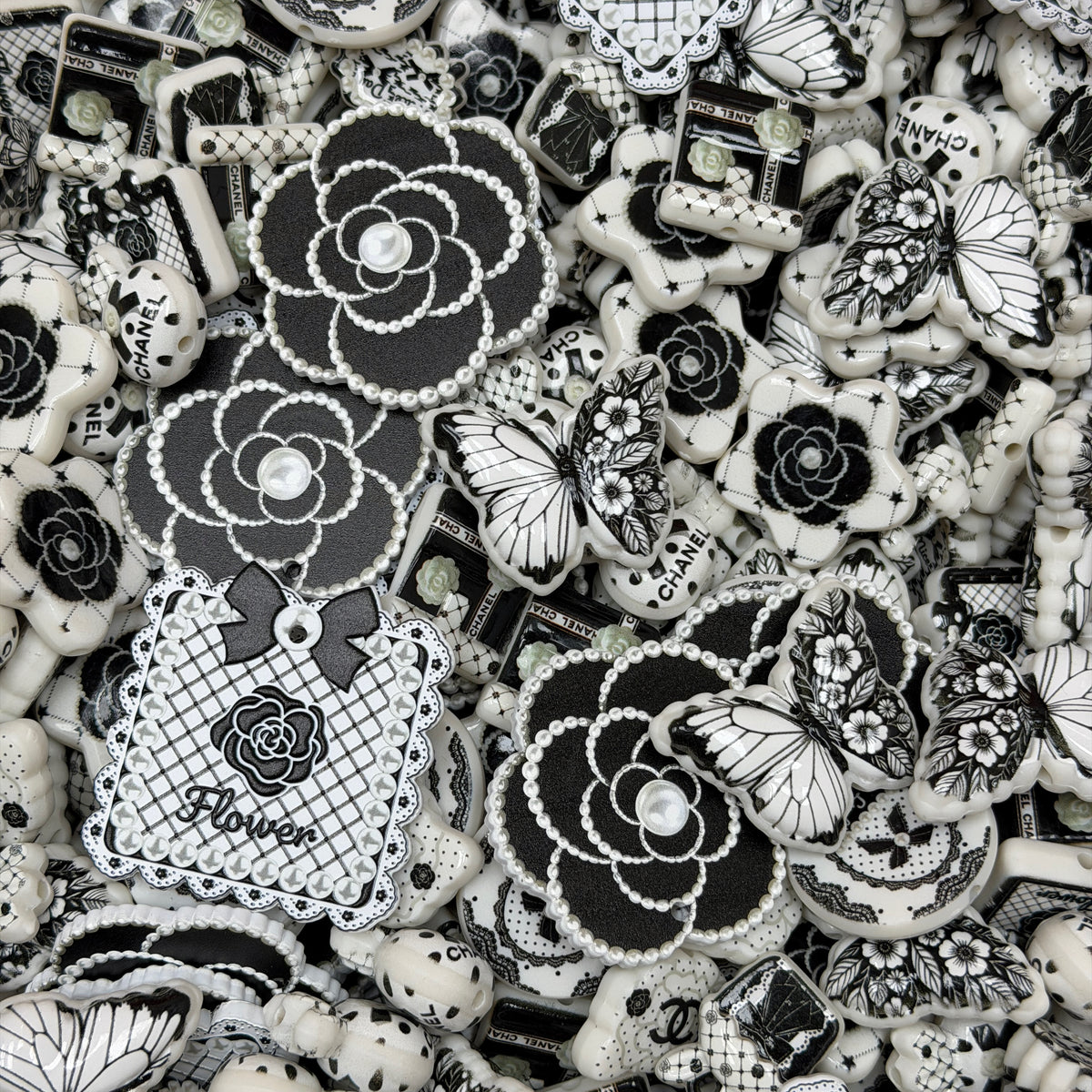 Acrylic beads-Black & White Butterfly Garden(for phone chains, beadable pens, keychains)