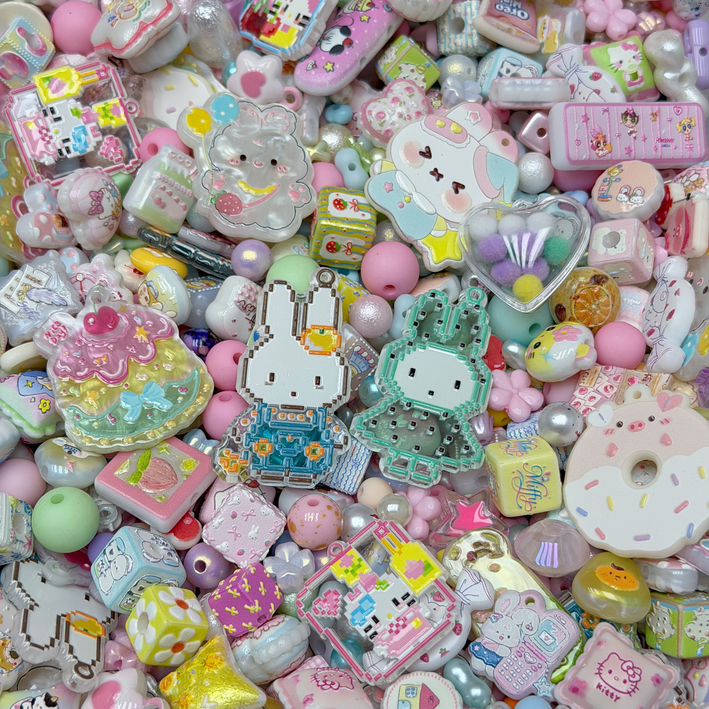 Acrylic beads-Pink & Blue Bunny(for phone chains, beadable pens, keychains)